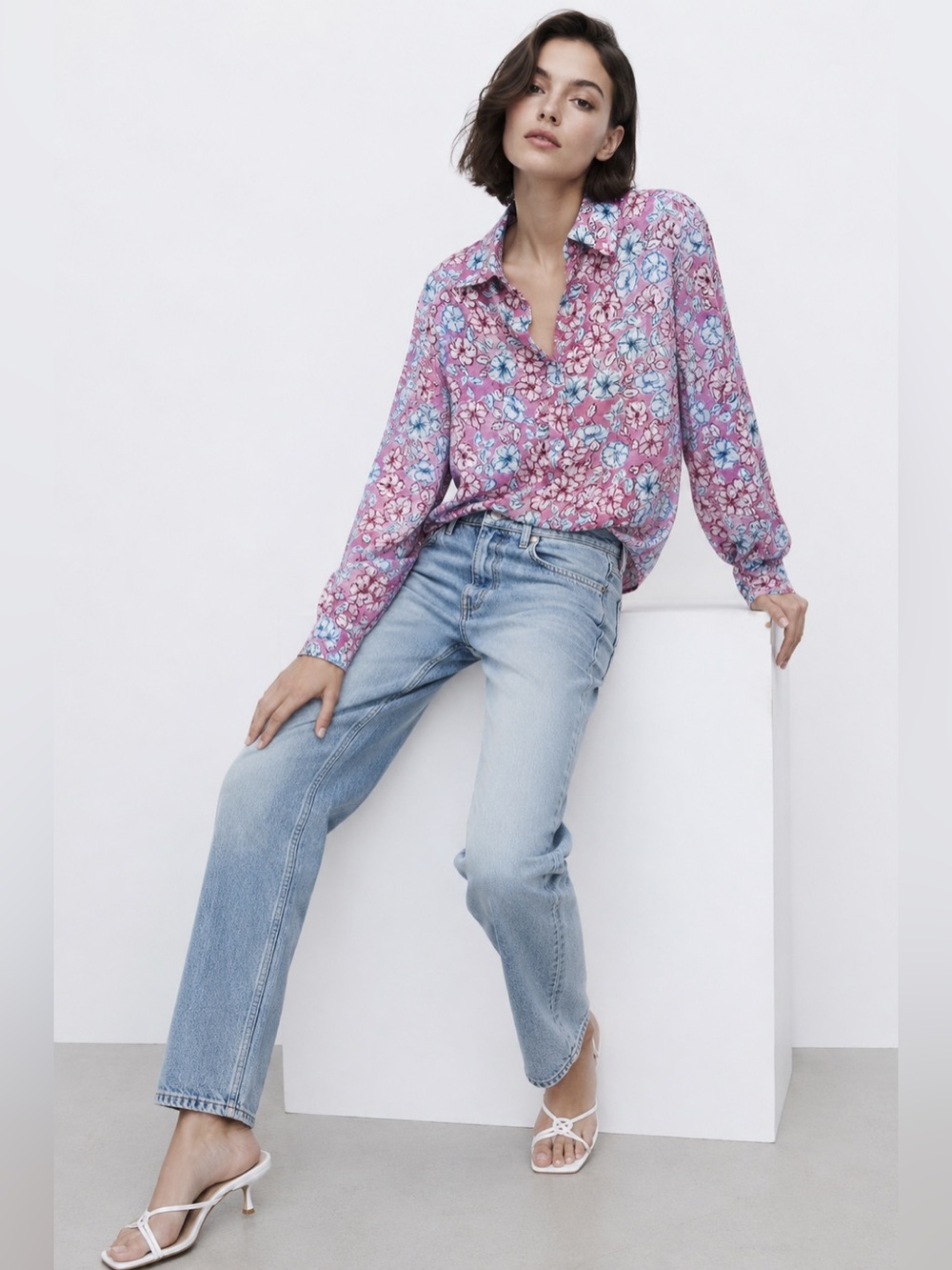 Zara Pink Floral Button-Up Blouse with Floral Blue and White Print